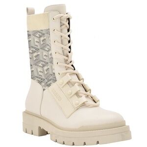 Guess Odalis lace-up combat boots in cream faux leather/textile print WmnSz.6.5
